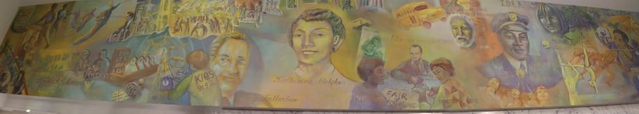 Panoramic view of mural featuring historical figures and moments